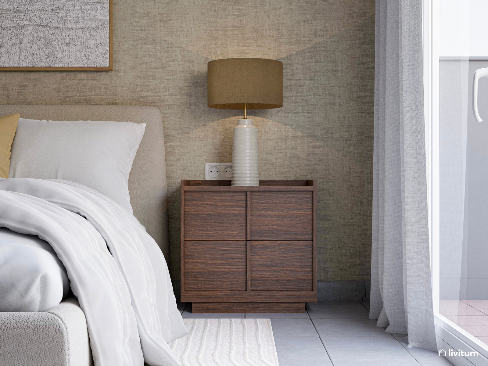Dormitorio matrimonial elegante con texturas y madera oscura