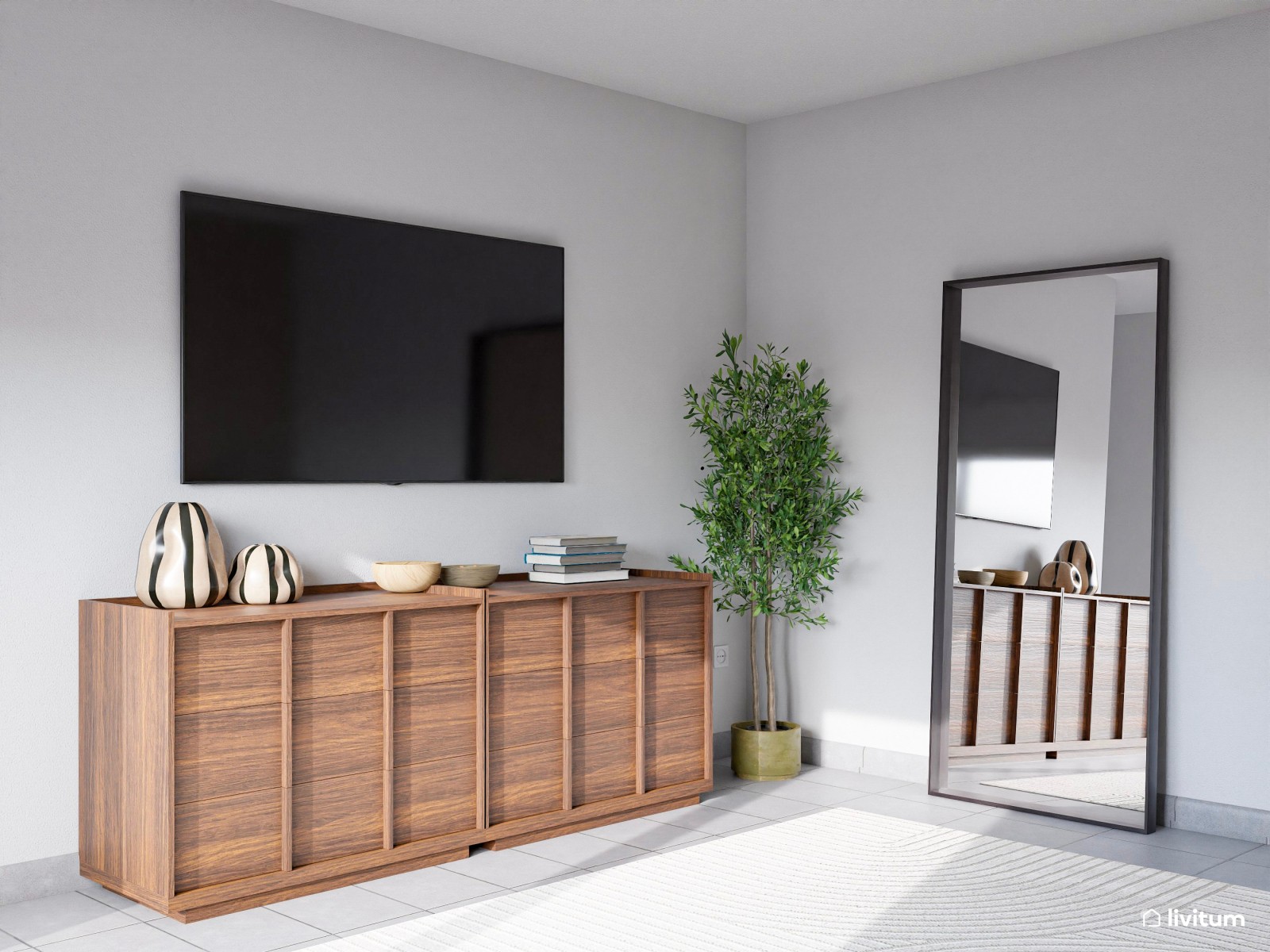 Dormitorio matrimonial elegante con texturas y madera oscura