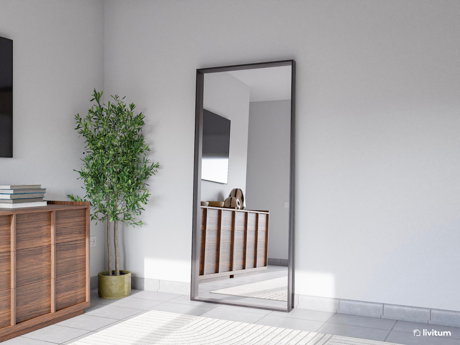 Dormitorio matrimonial elegante con texturas y madera oscura
