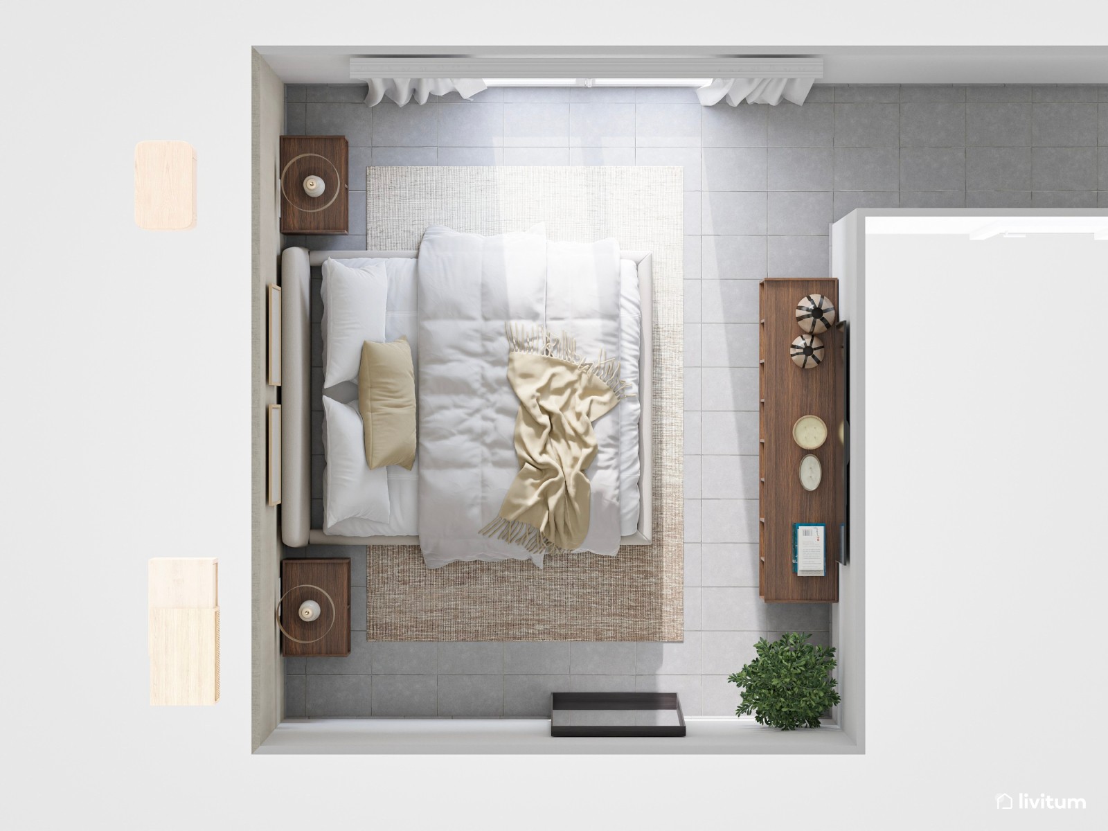 Dormitorio matrimonial elegante con texturas y madera oscura
