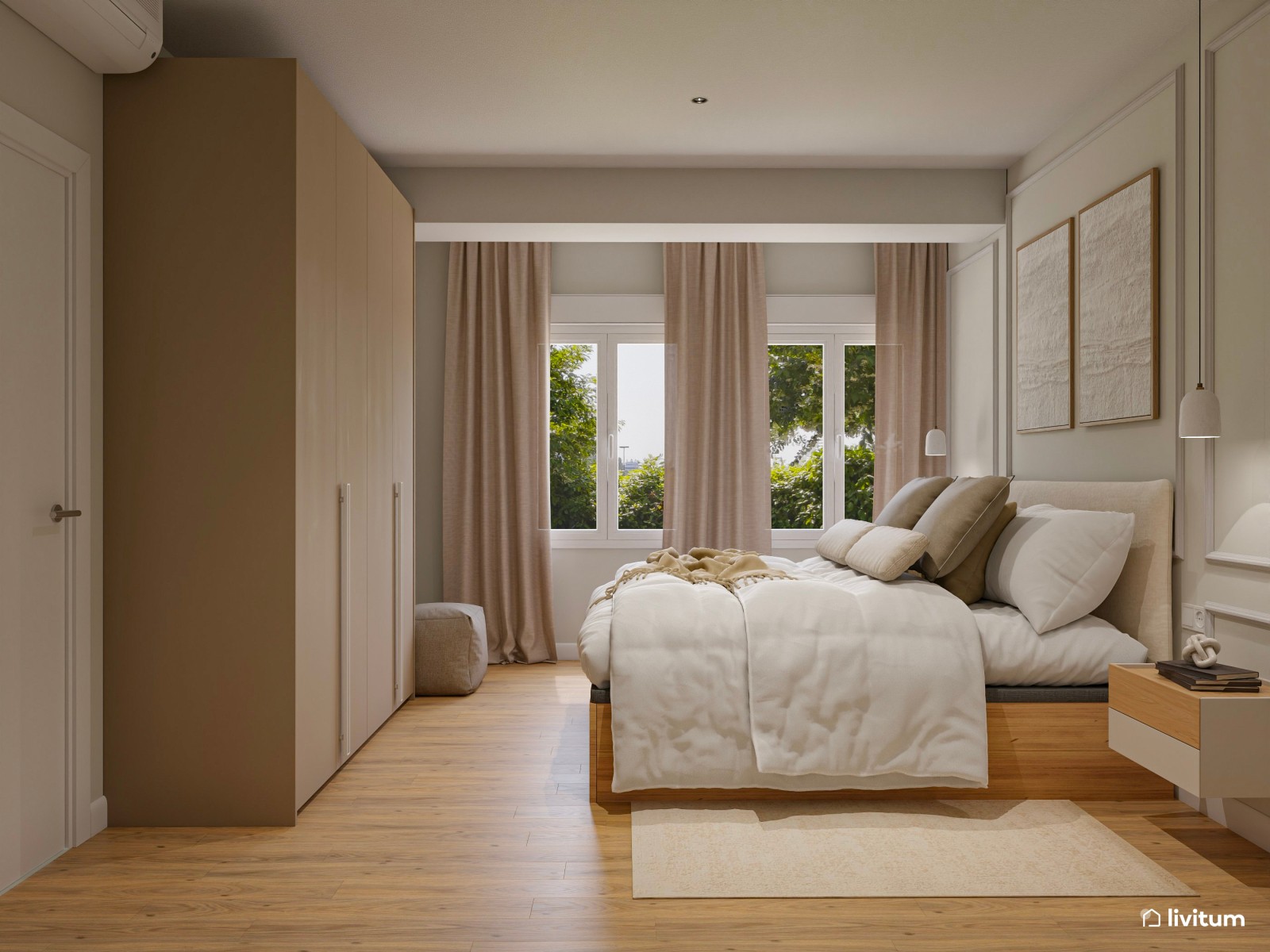 Dormitorio minimalista cálido con molduras decorativas