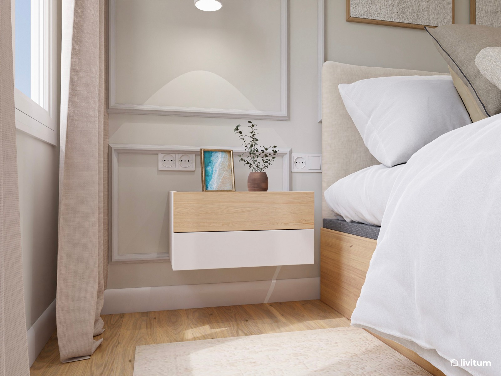 Dormitorio minimalista cálido con molduras decorativas