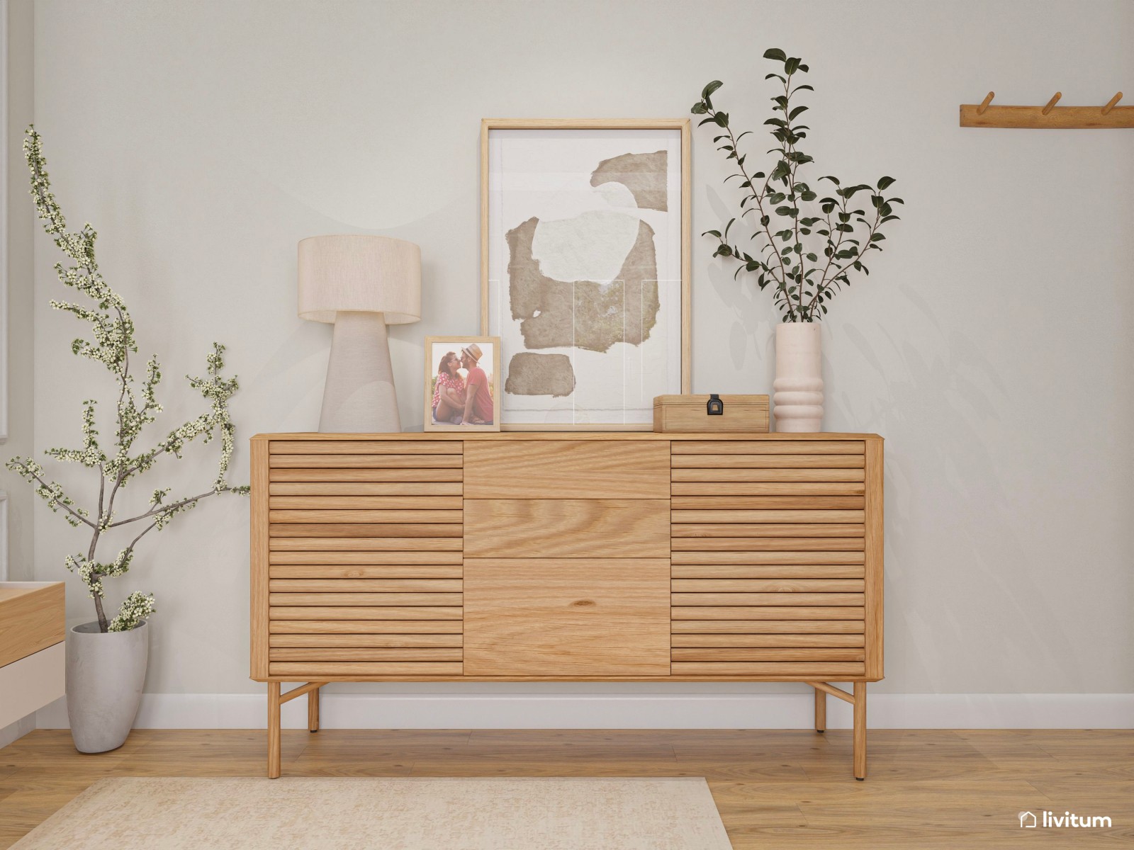 Dormitorio minimalista cálido con molduras decorativas