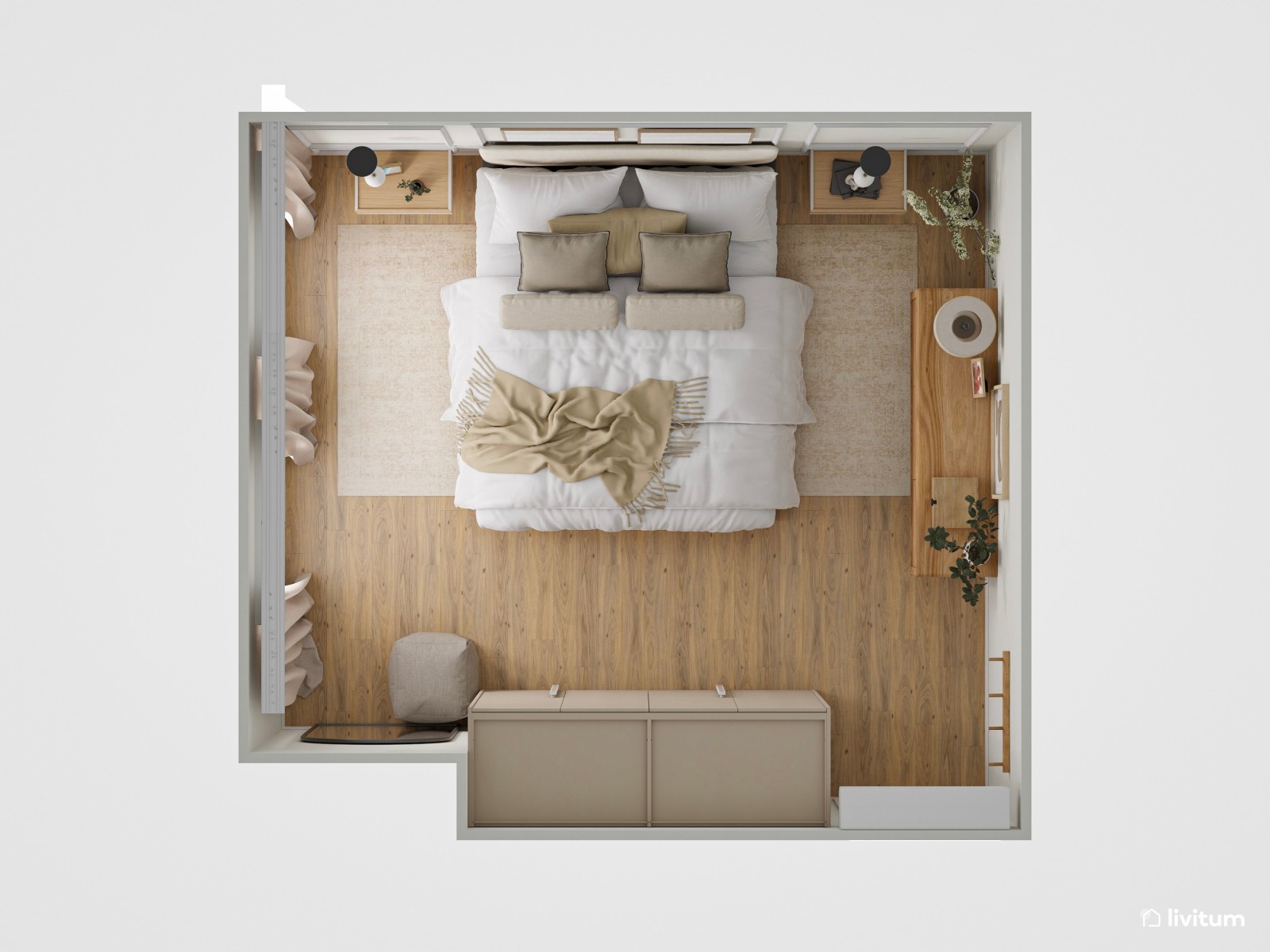 Dormitorio minimalista cálido con molduras decorativas
