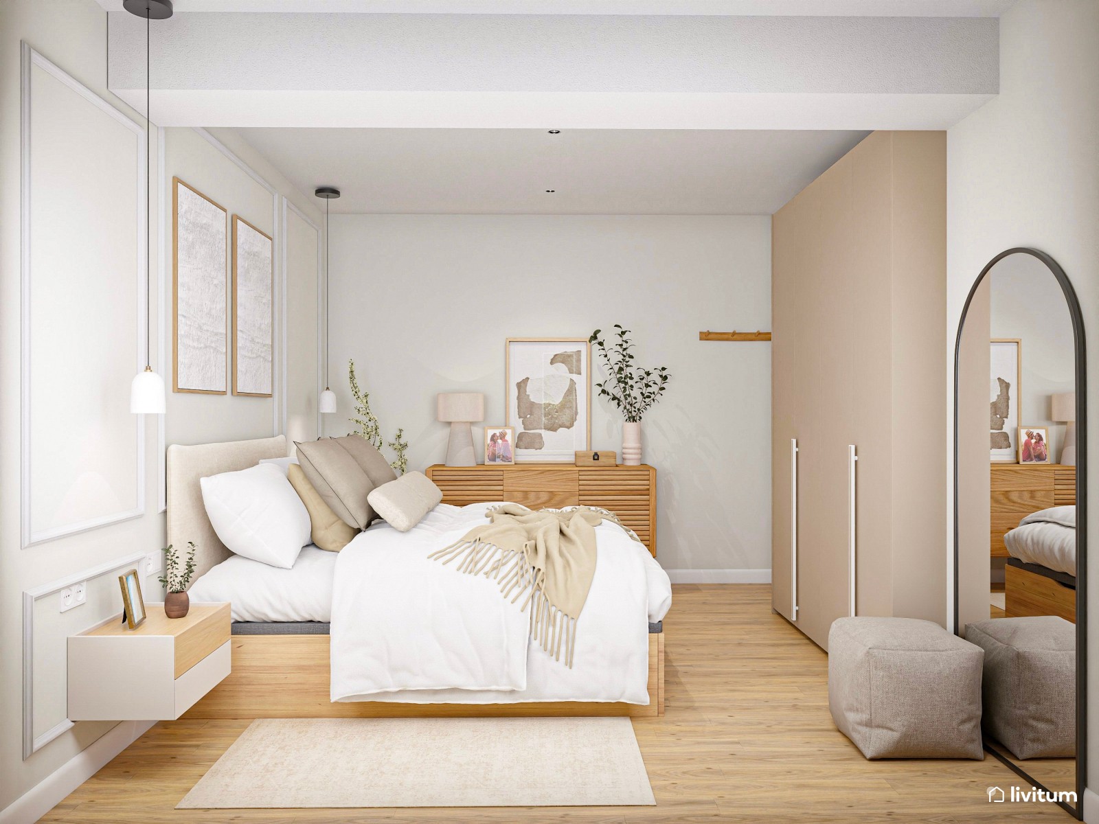 Dormitorio minimalista cálido con molduras decorativas