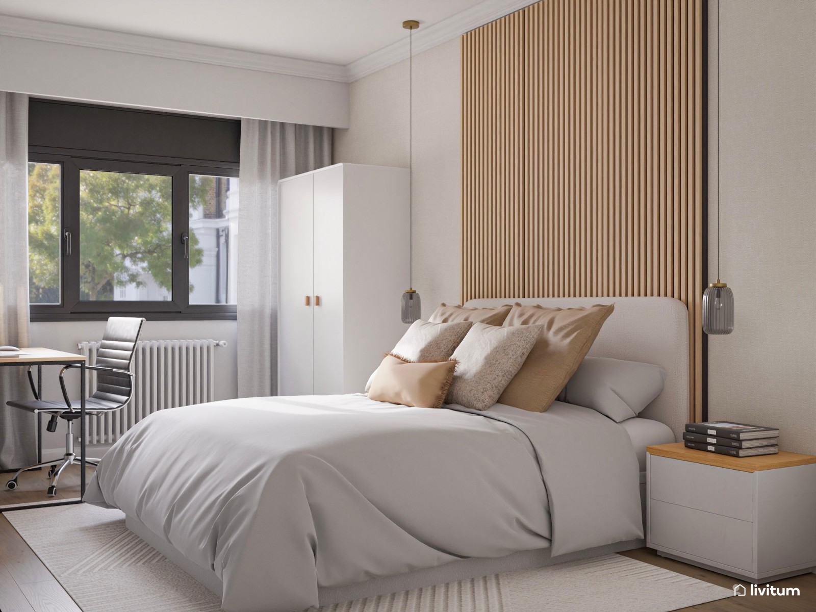 Dormitorio minimalista con escritorio y lámparas colgantes 