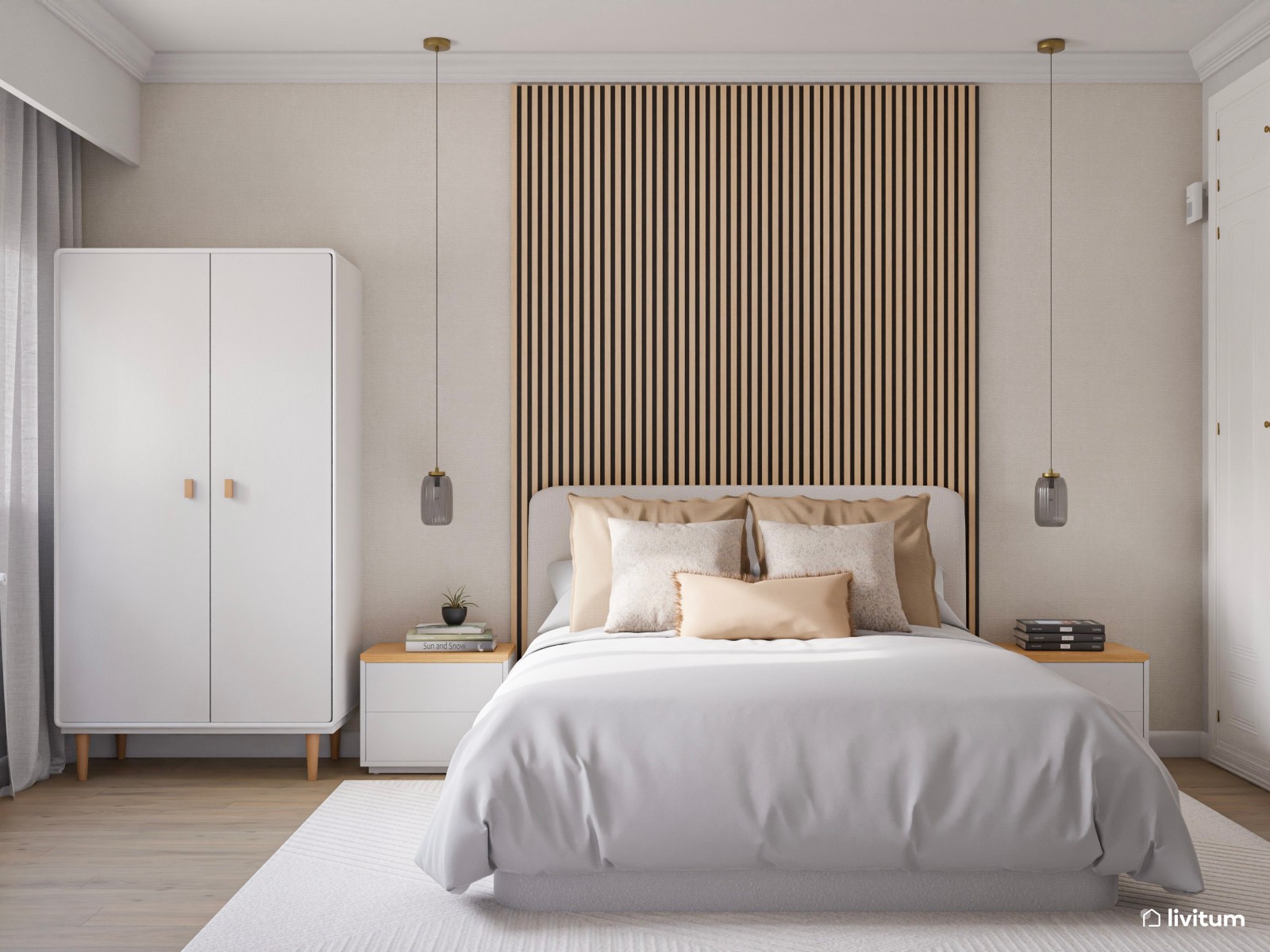 Dormitorio minimalista con escritorio y lámparas colgantes 