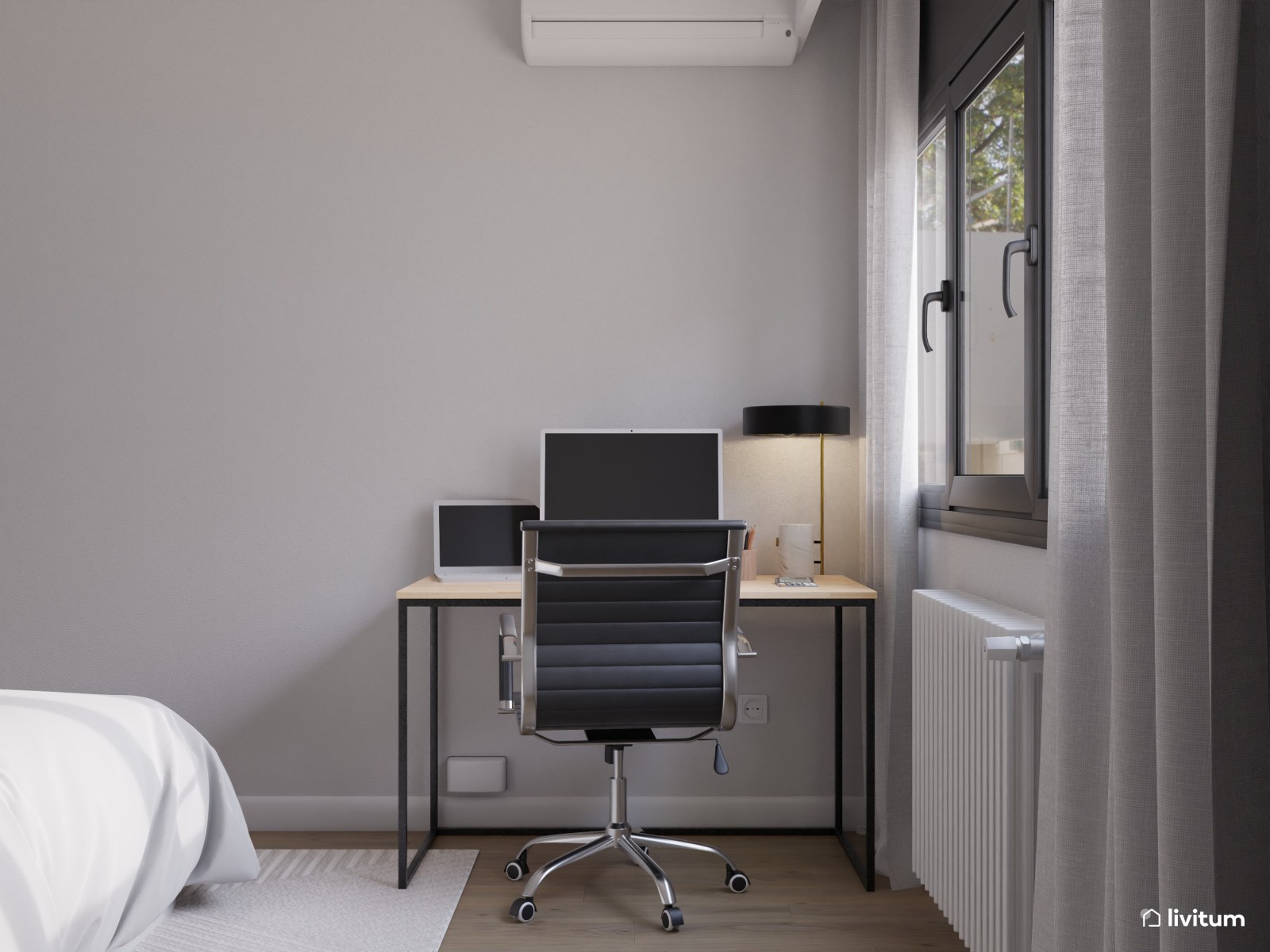 Dormitorio minimalista con escritorio y lámparas colgantes 