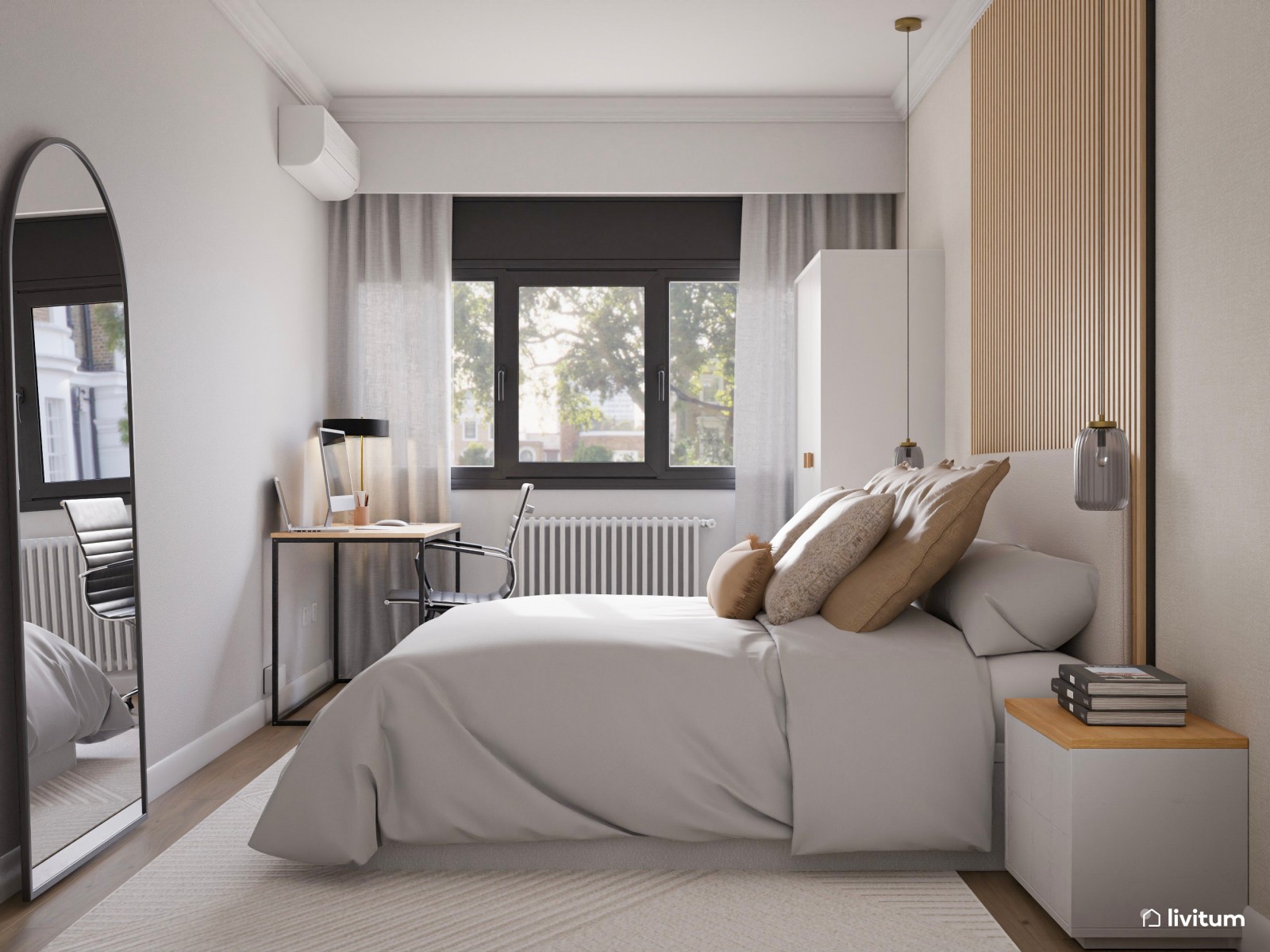 Dormitorio minimalista con escritorio y lámparas colgantes 