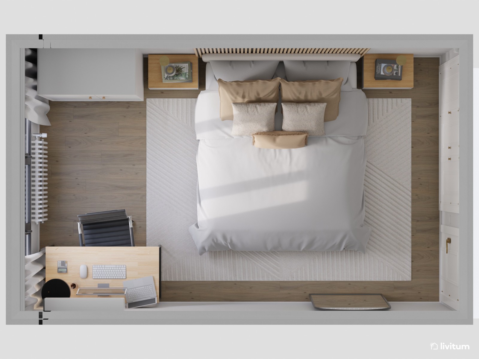 Dormitorio minimalista con escritorio y lámparas colgantes 