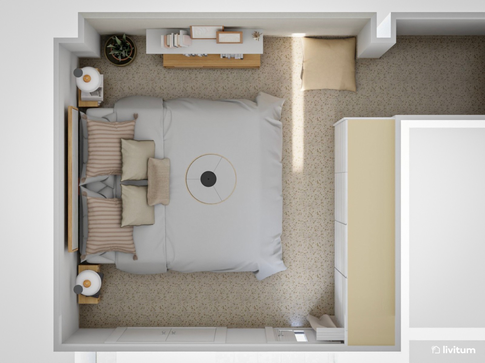 Dormitorio minimalista en tonos beige 