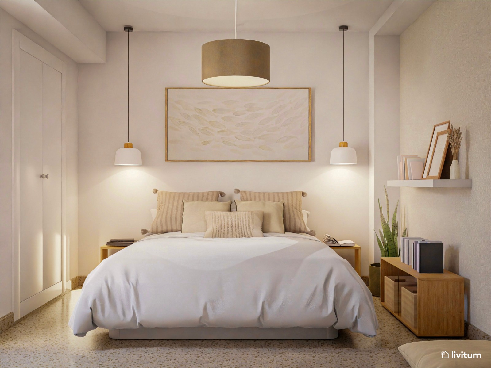 Dormitorio minimalista en tonos beige 