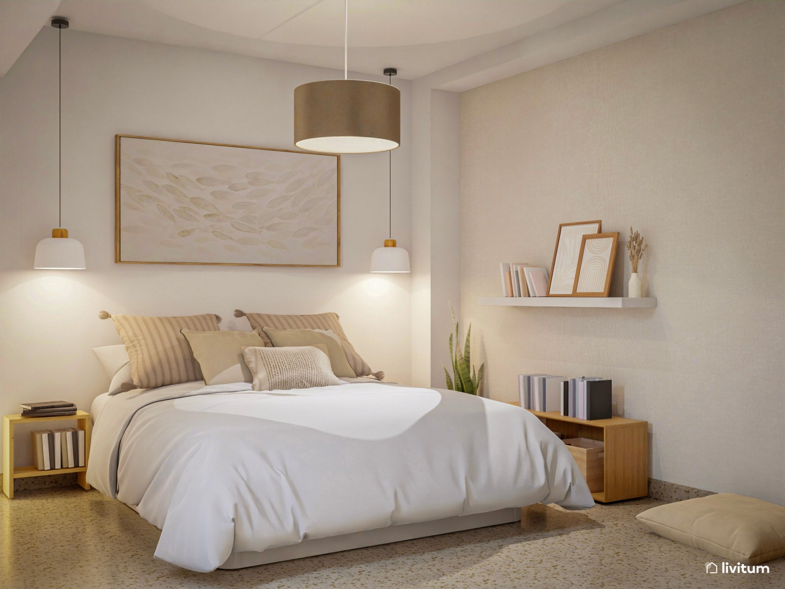 Dormitorio minimalista en tonos beige 