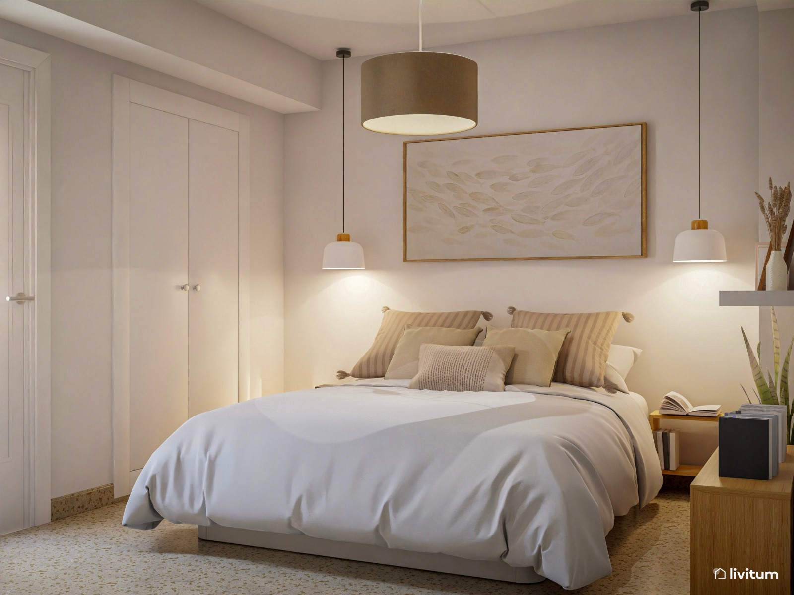 Dormitorio minimalista en tonos beige 