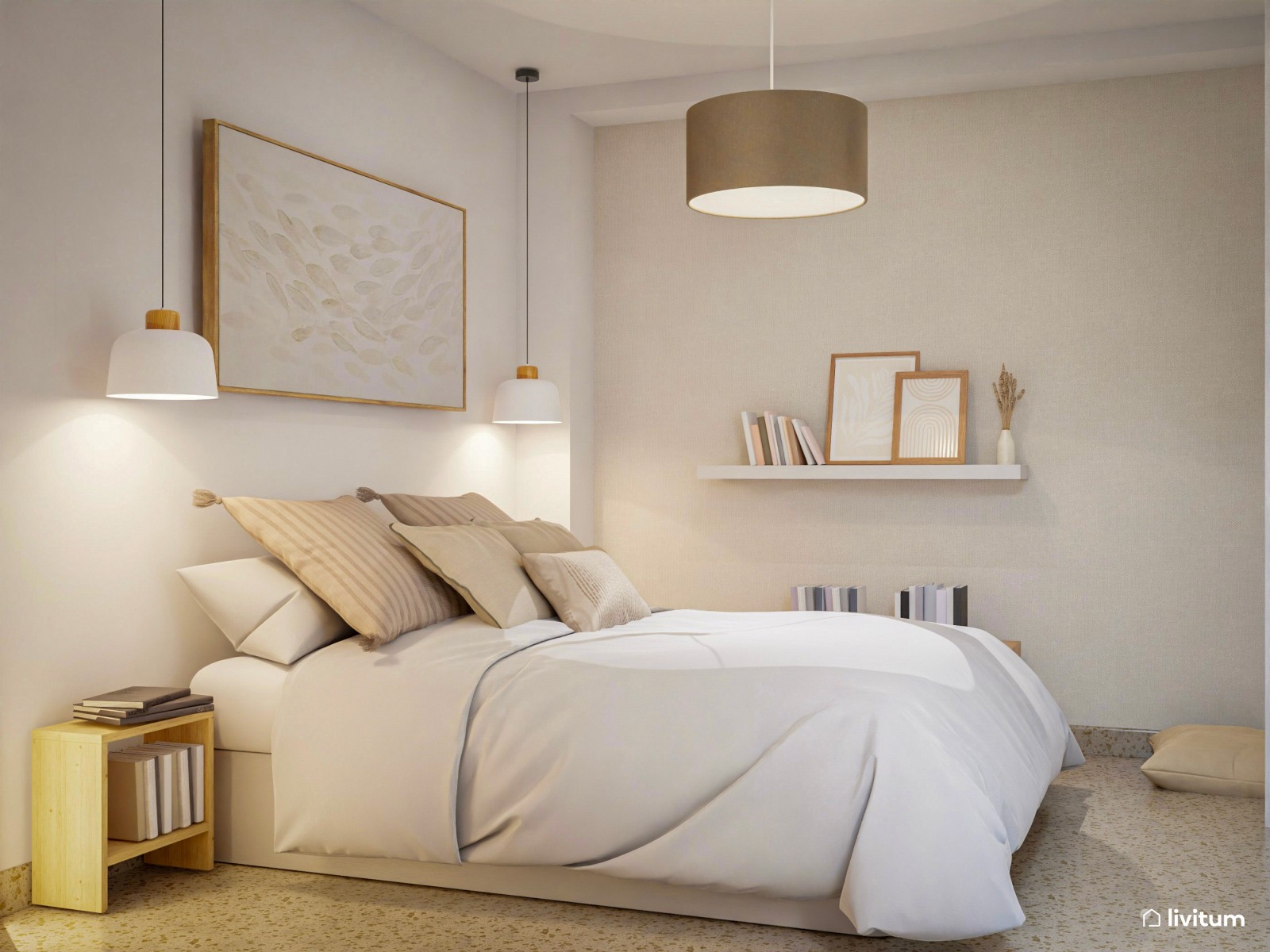 Dormitorio minimalista en tonos beige 