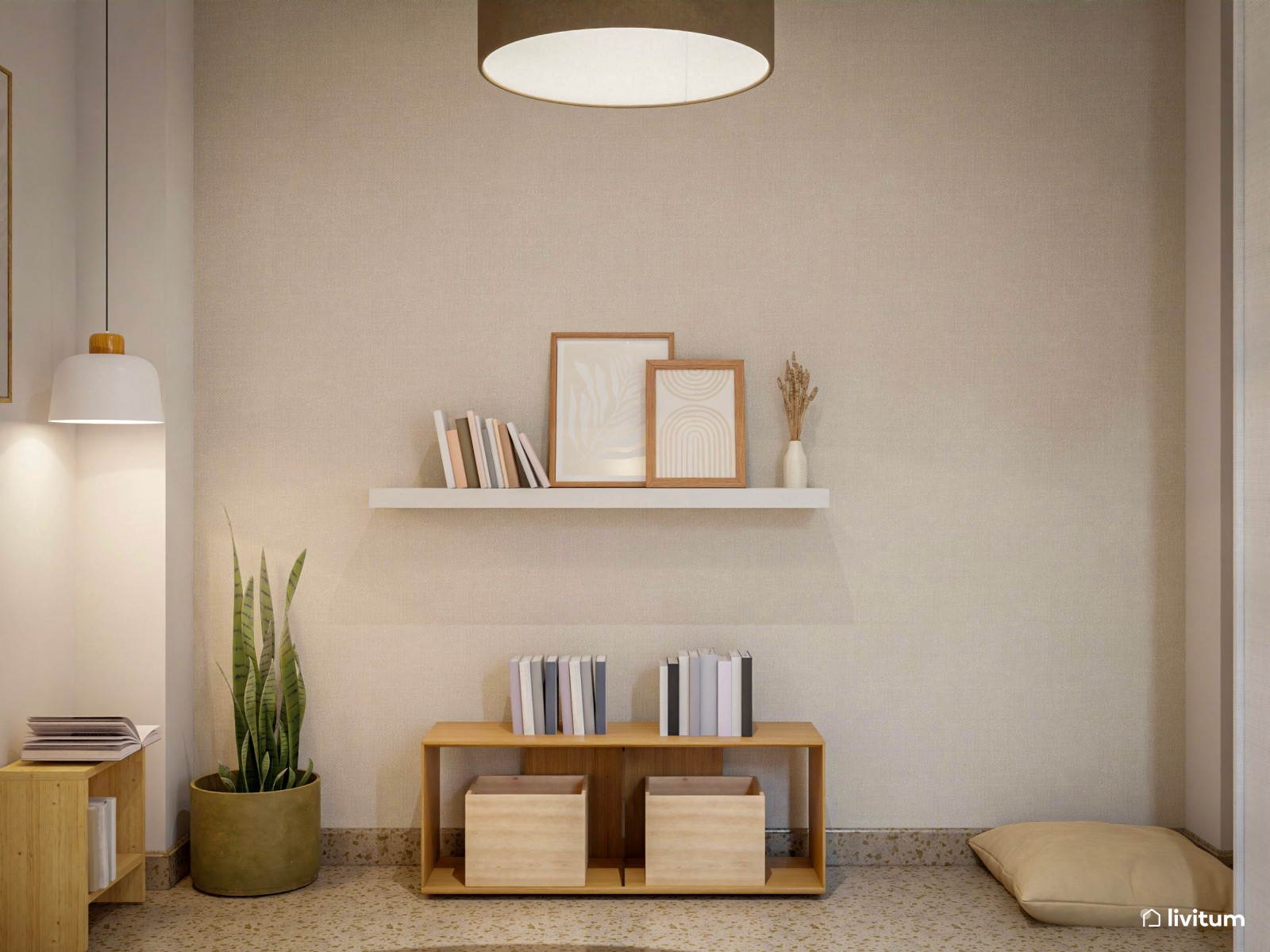 Dormitorio minimalista en tonos beige 
