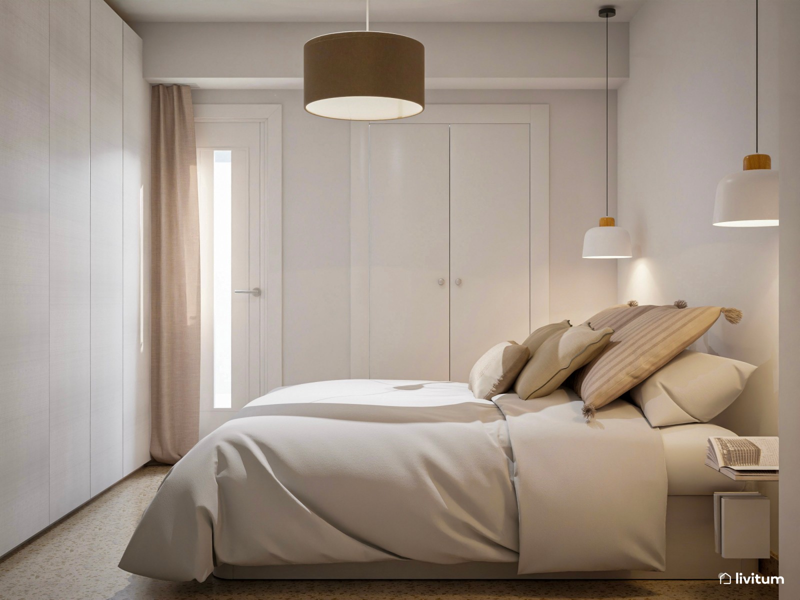 Dormitorio minimalista en tonos beige 