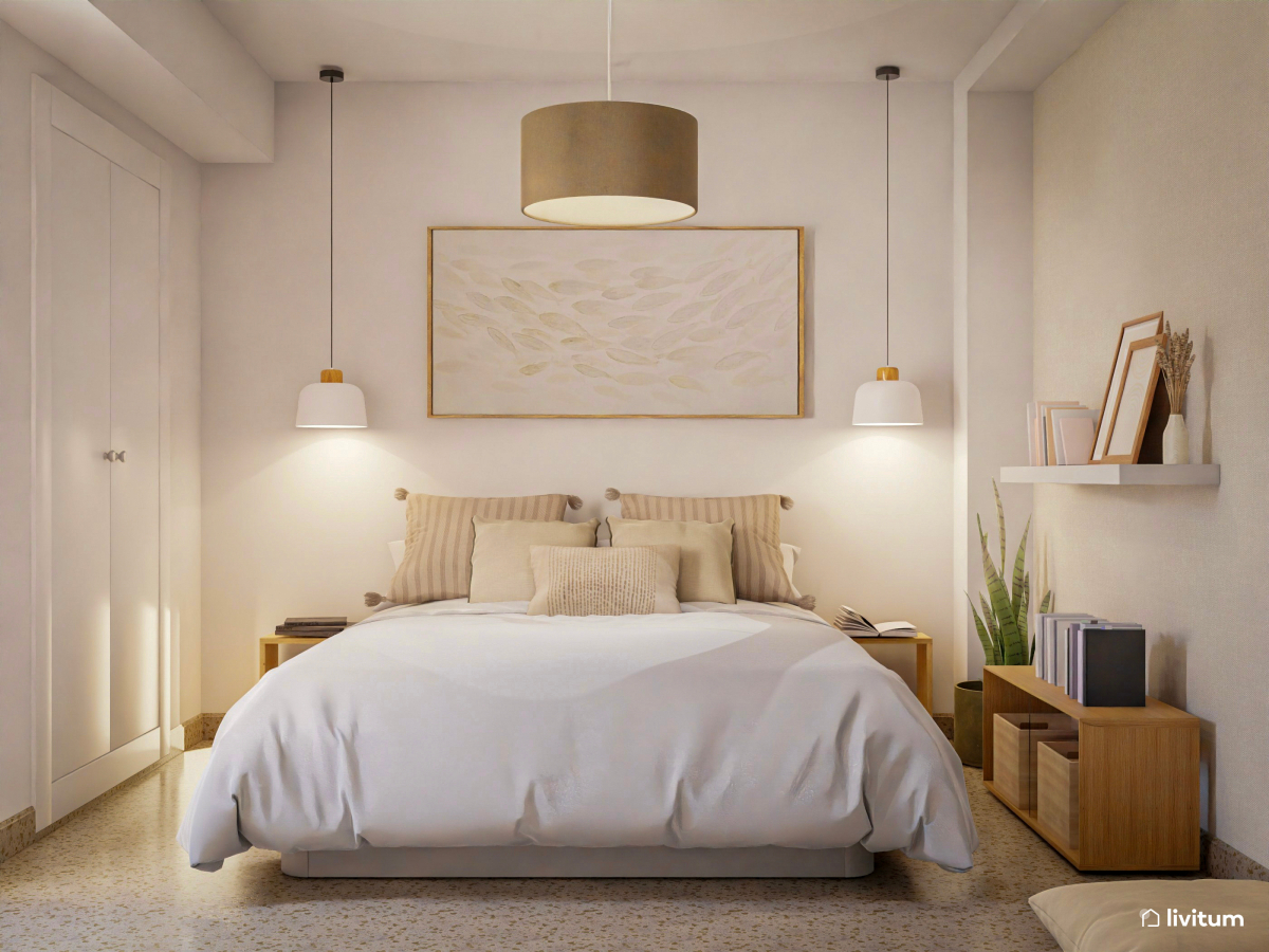 Dormitorio minimalista en tonos beige