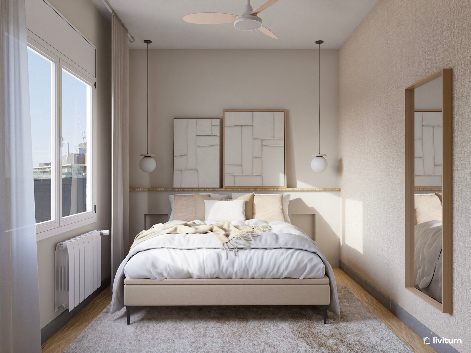  Dormitorio minimalista en tonos neutros con cuadros blancos y zona de trabajo