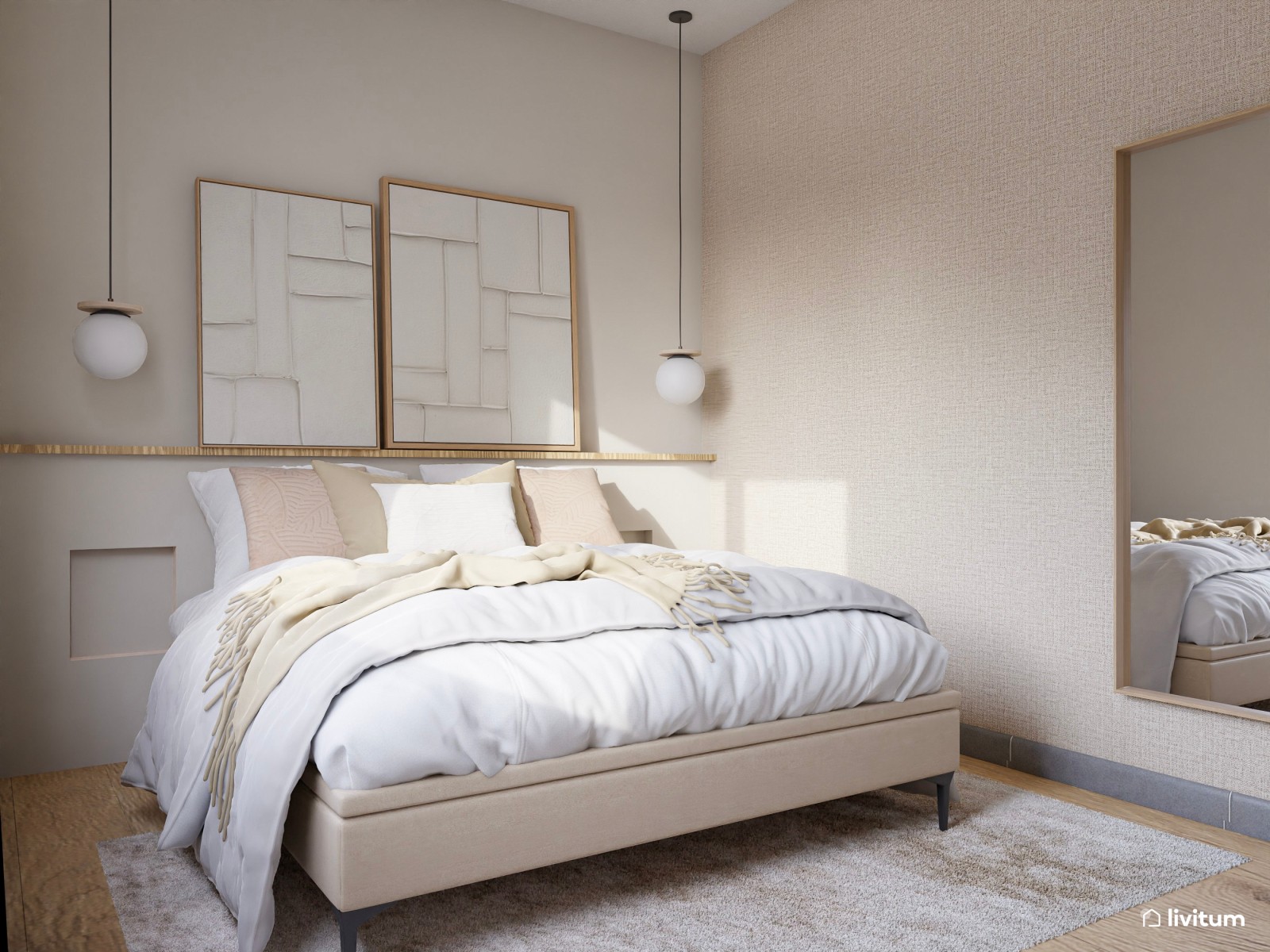  Dormitorio minimalista en tonos neutros con cuadros blancos y zona de trabajo