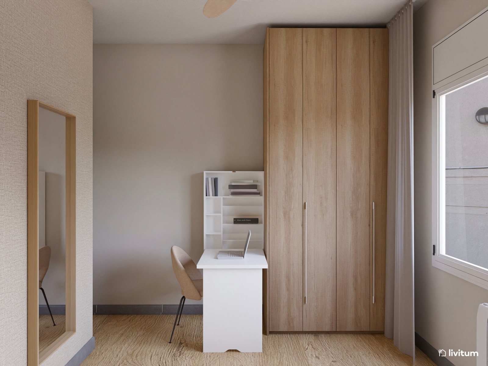  Dormitorio minimalista en tonos neutros con cuadros blancos y zona de trabajo