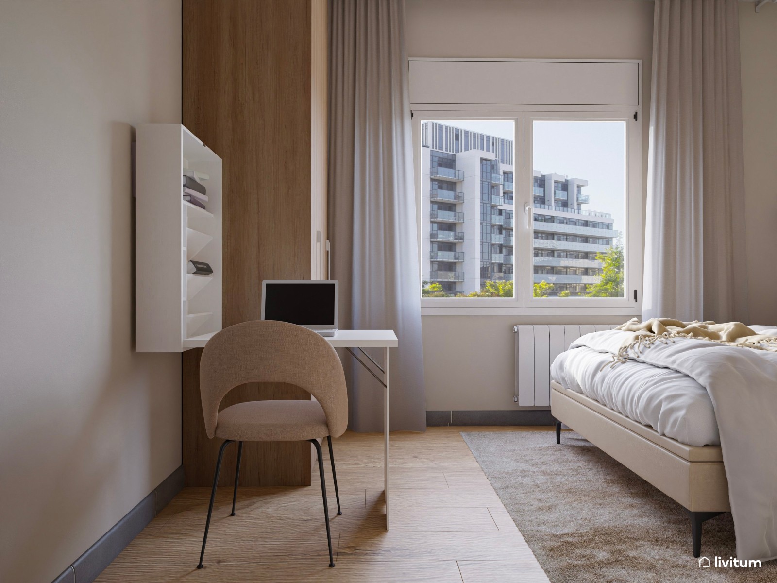  Dormitorio minimalista en tonos neutros con cuadros blancos y zona de trabajo