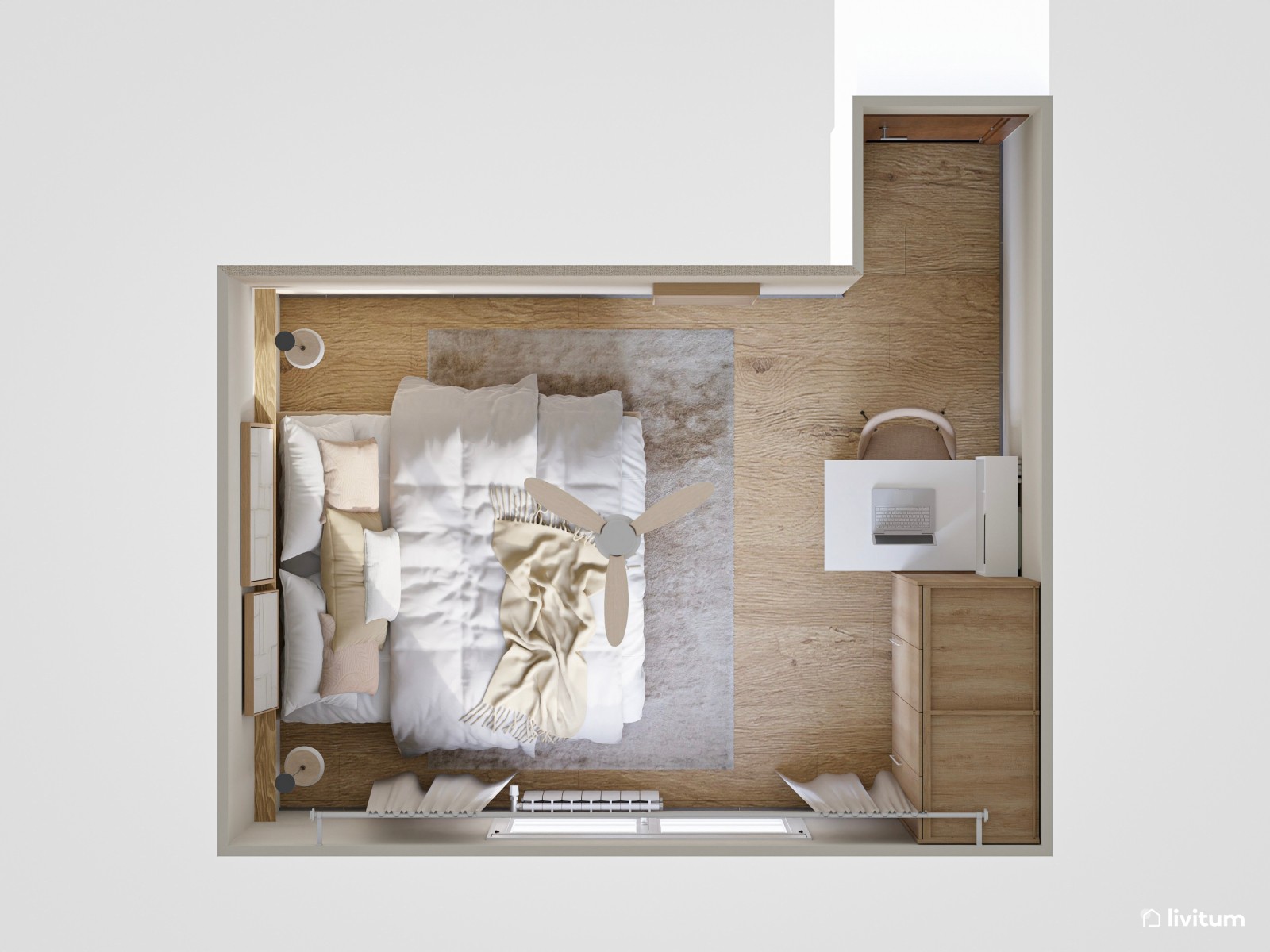  Dormitorio minimalista en tonos neutros con cuadros blancos y zona de trabajo