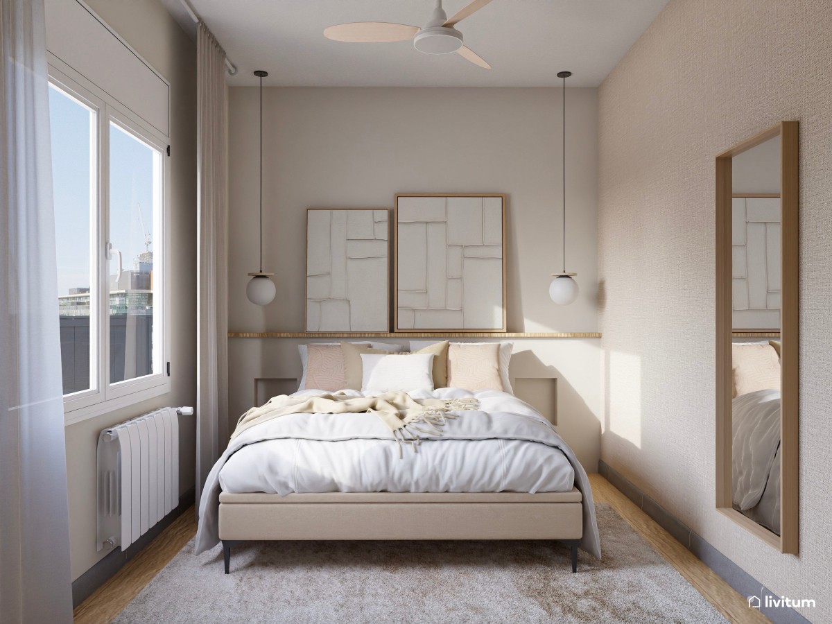 Dormitorio minimalista en tonos neutros con cuadros blancos y zona de trabajo