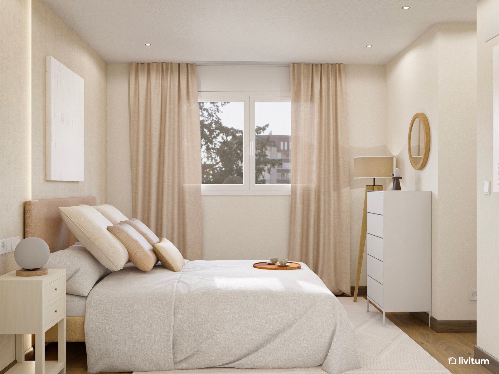Dormitorio minimalista en tonos suaves diseñado en escala baja