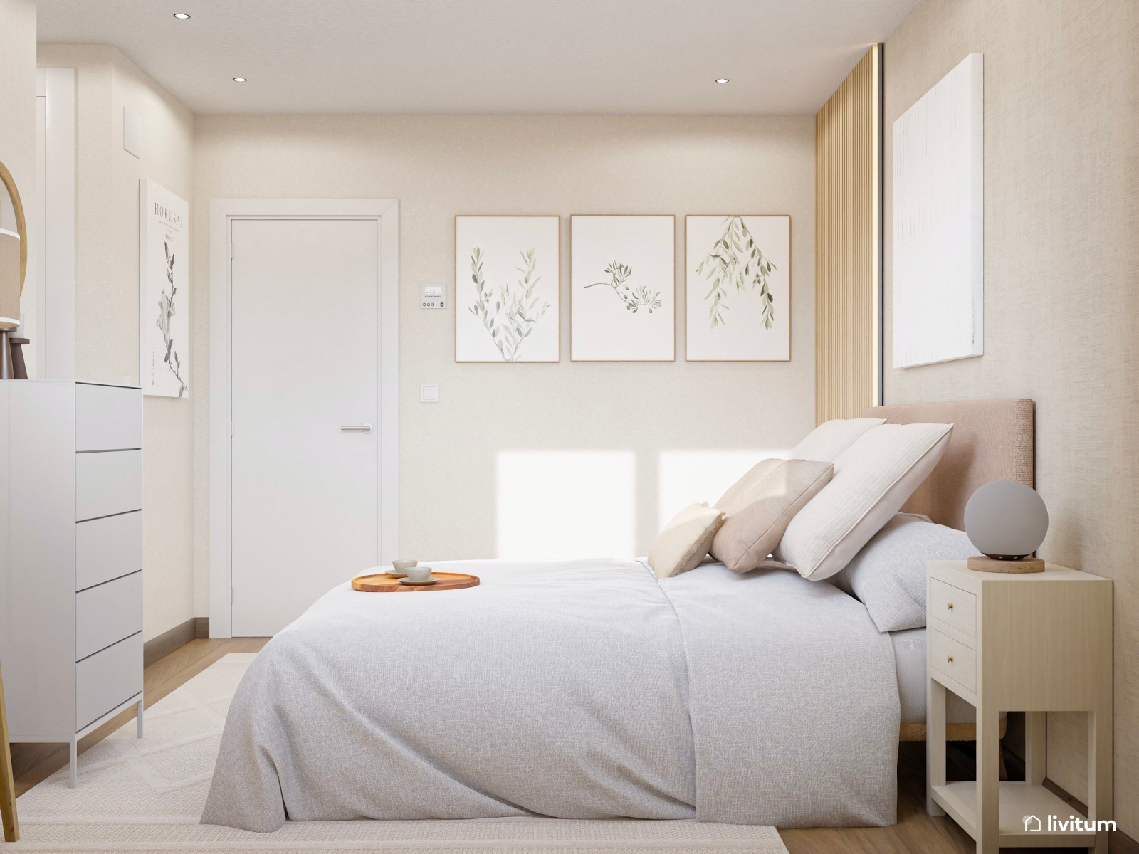 Dormitorio minimalista en tonos suaves diseñado en escala baja