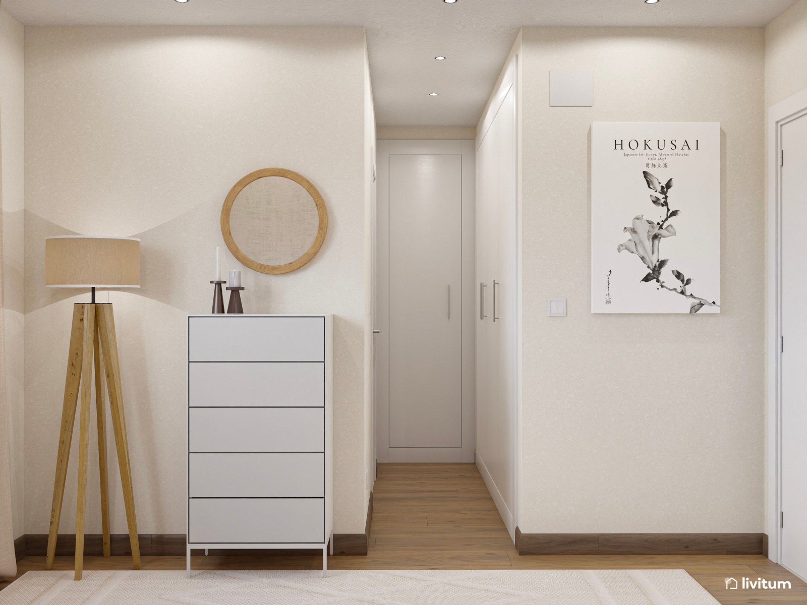 Dormitorio minimalista en tonos suaves diseñado en escala baja