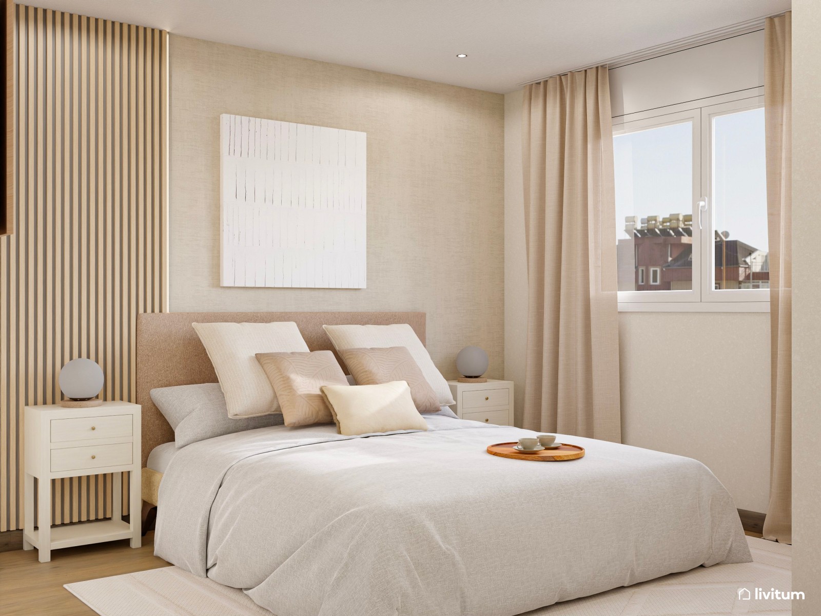 Dormitorio minimalista en tonos suaves diseñado en escala baja