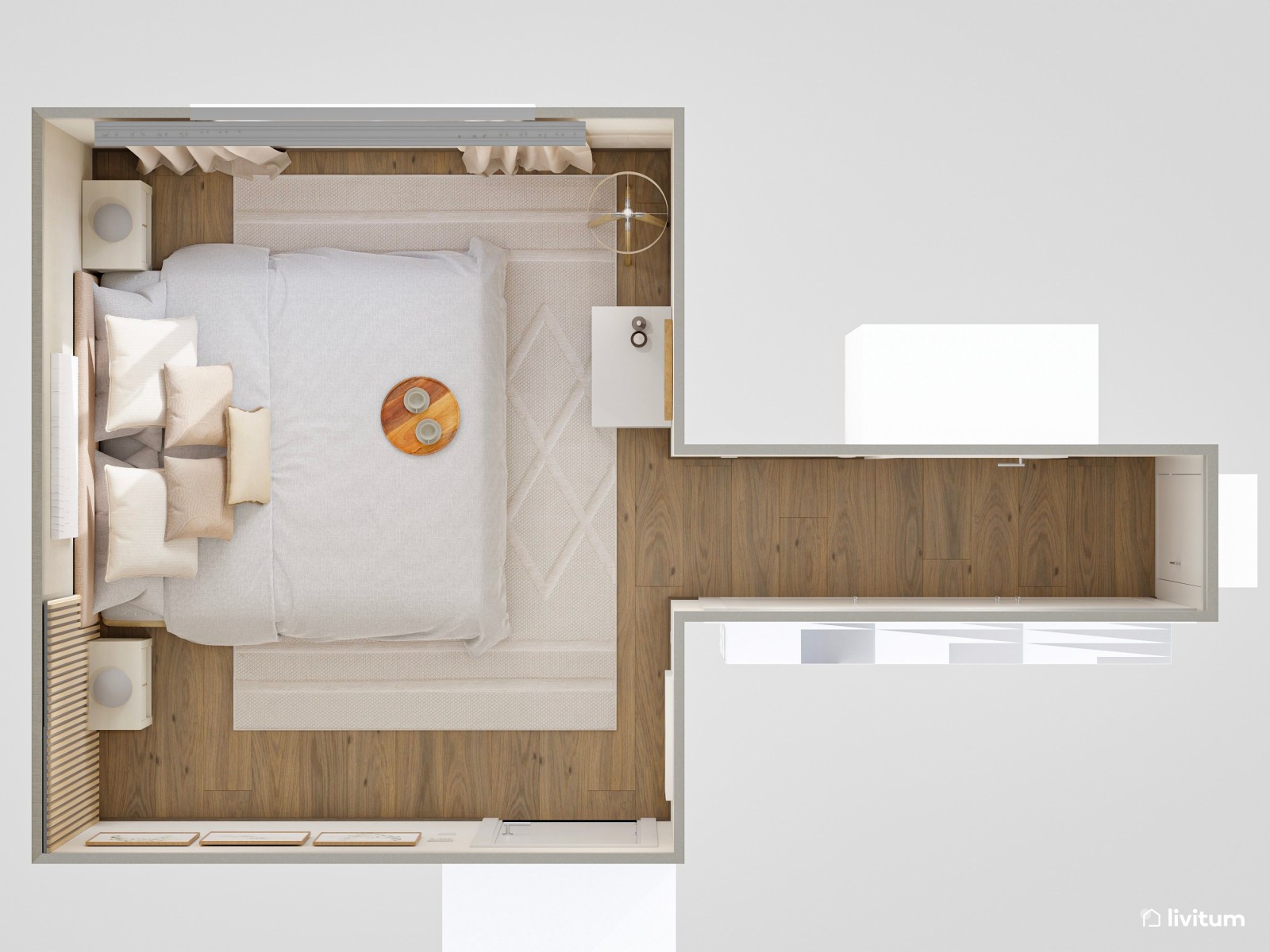 Dormitorio minimalista en tonos suaves diseñado en escala baja