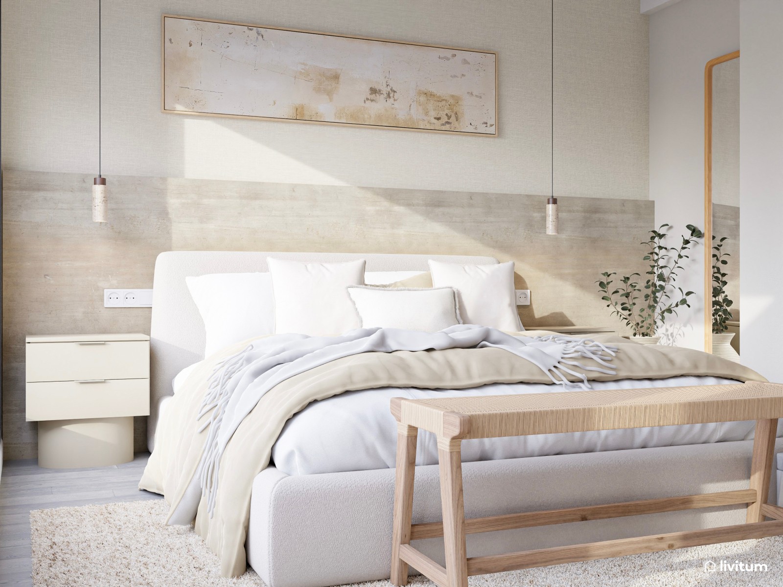 Dormitorio minimalista rústico en tonos suaves y fibras naturales
