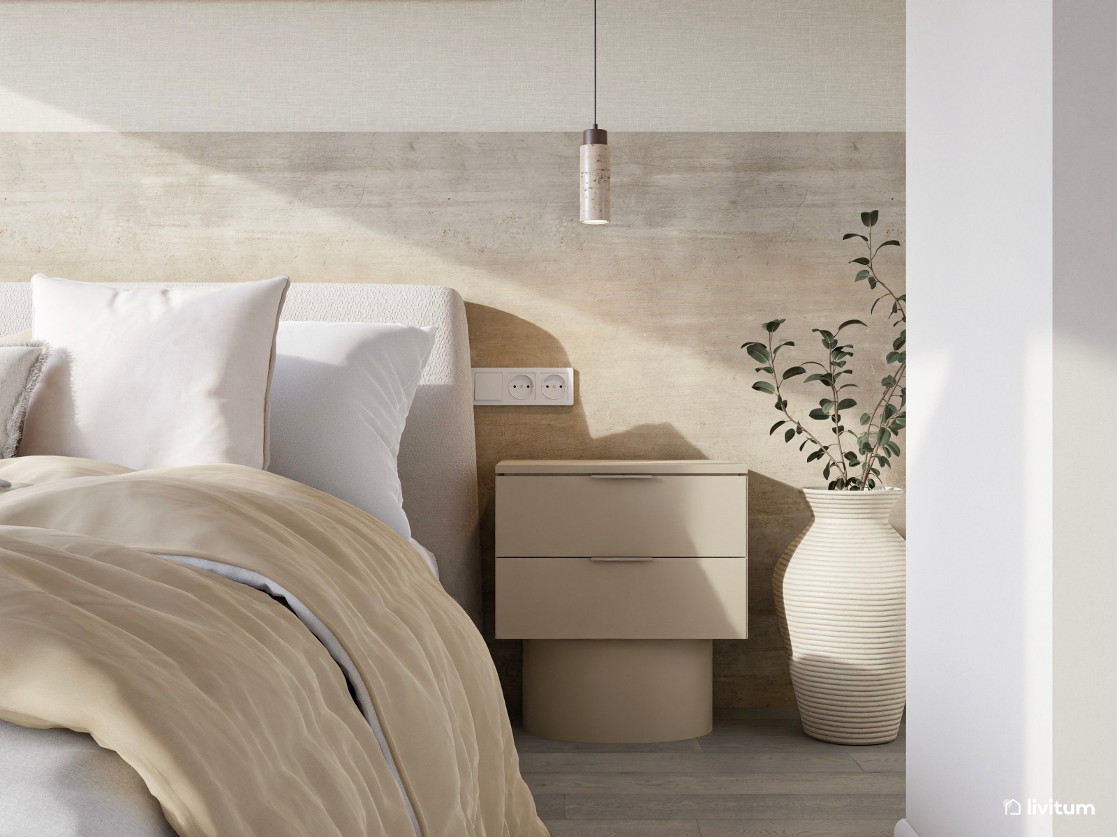 Dormitorio minimalista rústico en tonos suaves y fibras naturales