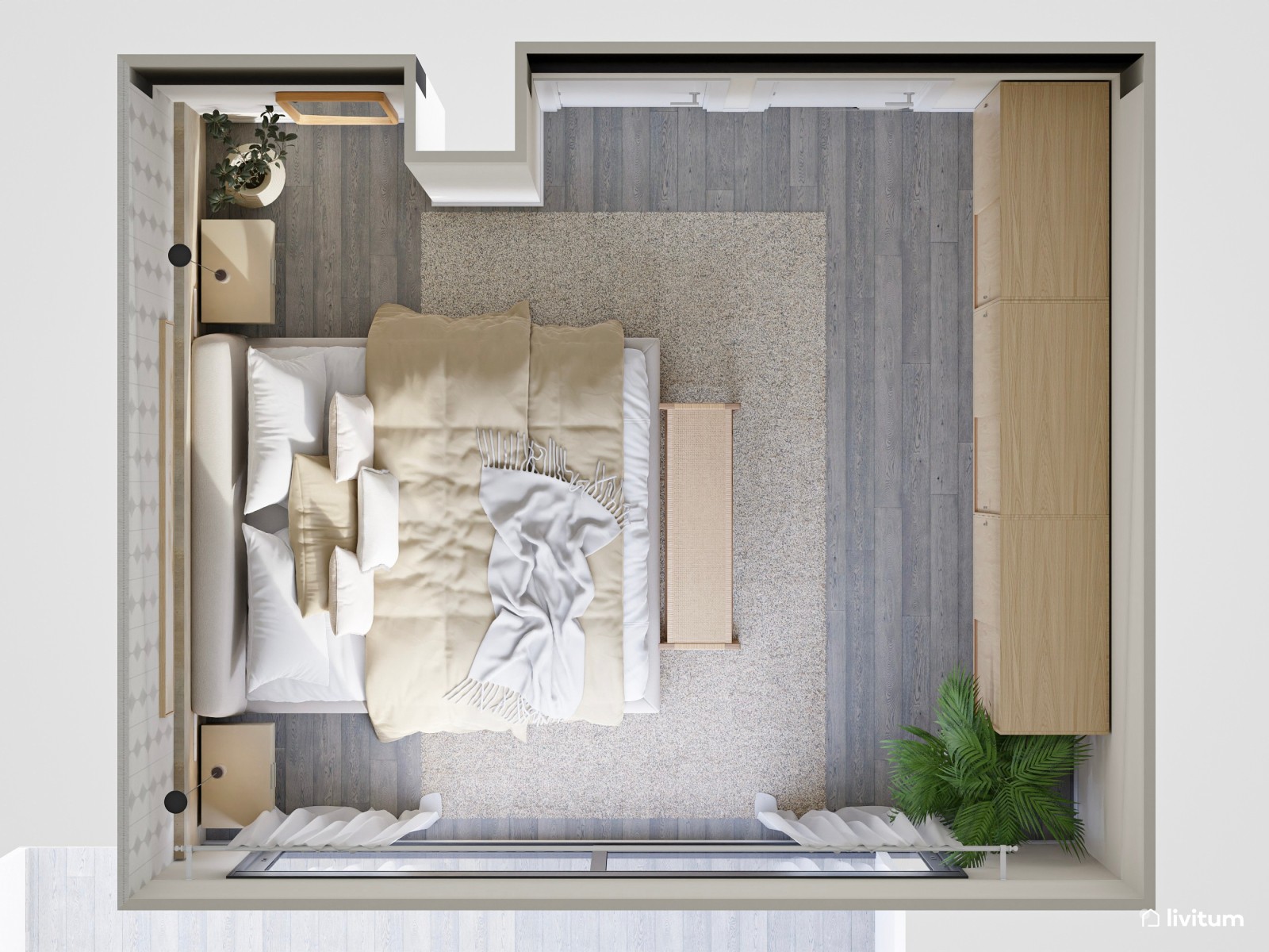 Dormitorio minimalista rústico en tonos suaves y fibras naturales