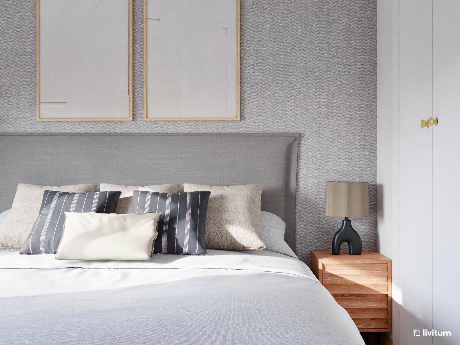 Dormitorio minimalista y acogedor en madera y gris