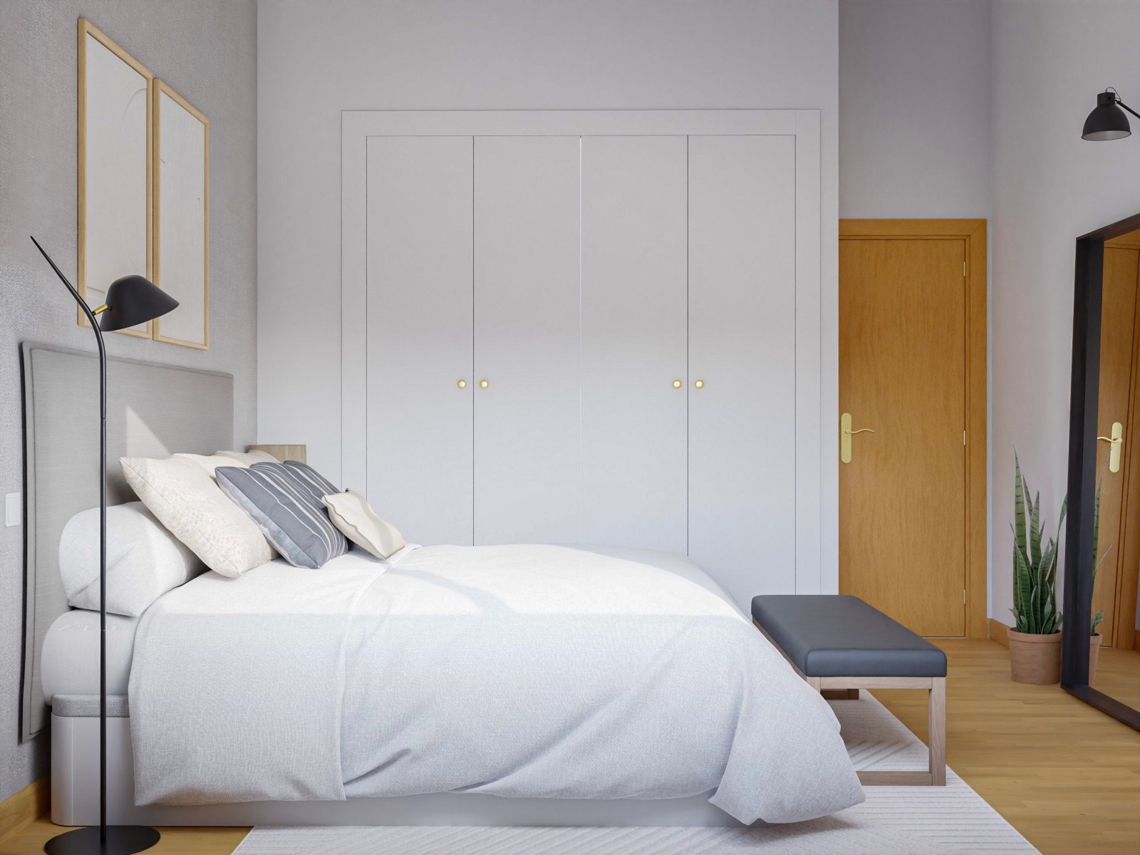 Dormitorio minimalista y acogedor en madera y gris