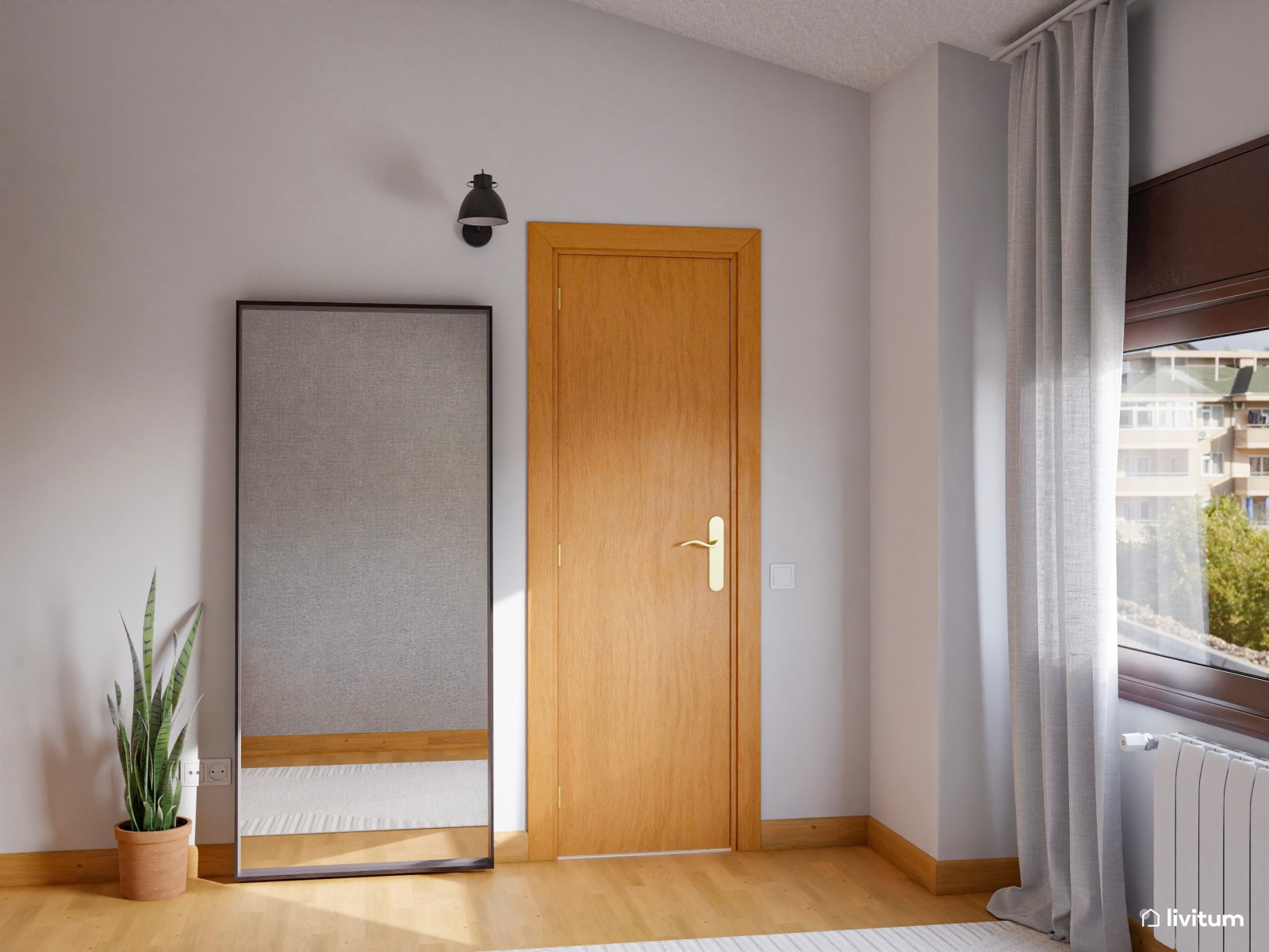 Dormitorio minimalista y acogedor en madera y gris