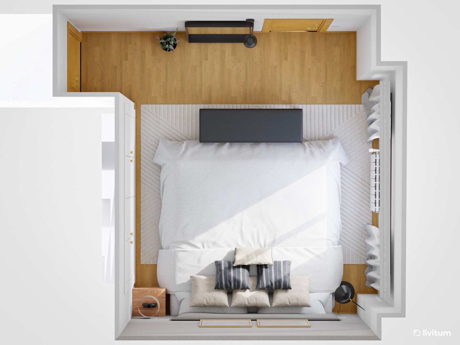 Dormitorio minimalista y acogedor en madera y gris