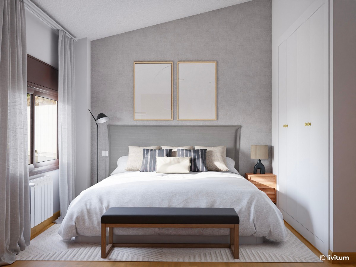 Dormitorio minimalista y acogedor en madera y gris