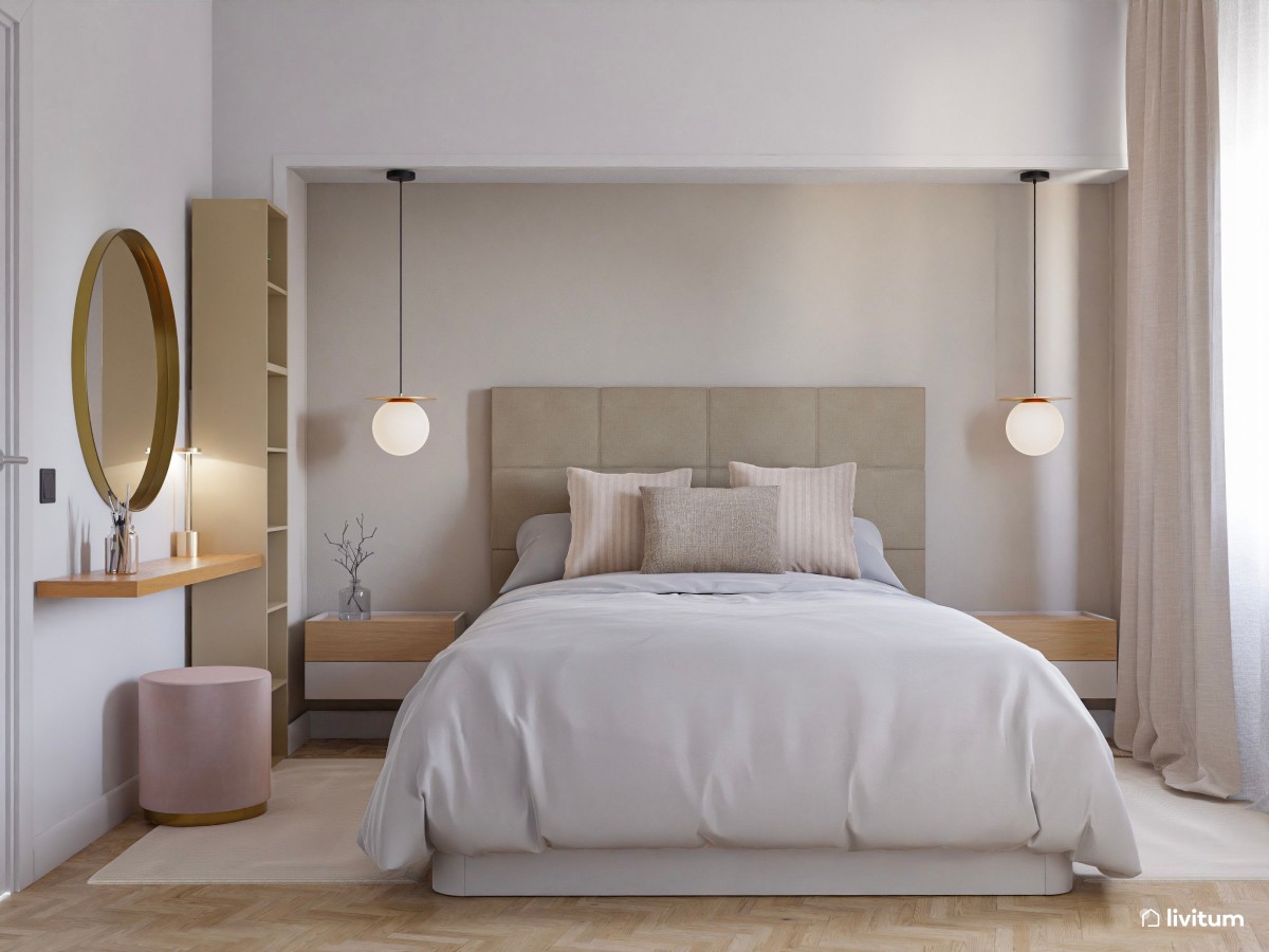 Dormitorio minimalista y contemporáneo con zona de tocador