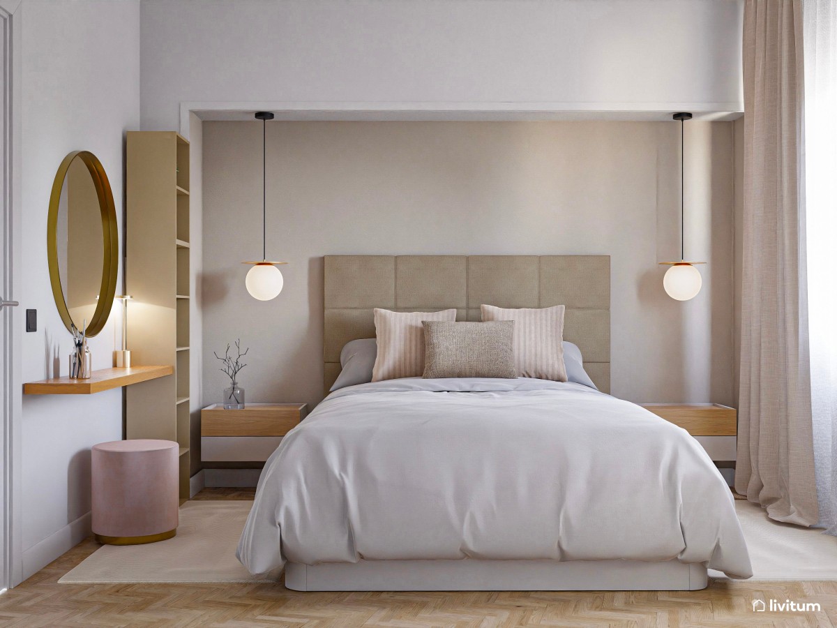 Dormitorio minimalista y contemporáneo con zona de tocador