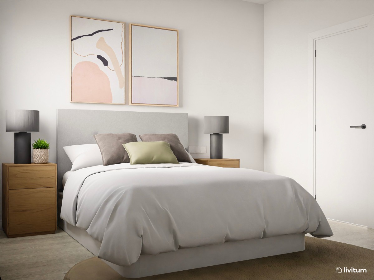 Dormitorio moderno con base blanca, madera y rosa