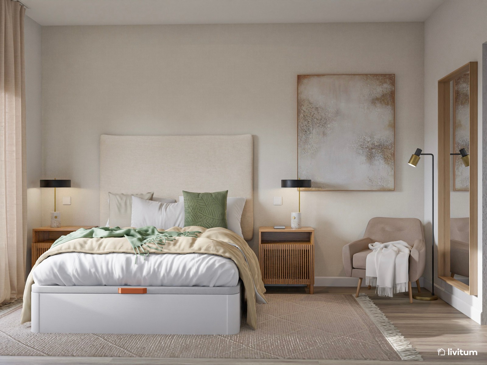 Dormitorio moderno con cabecero alto y elegante rincón de lectura