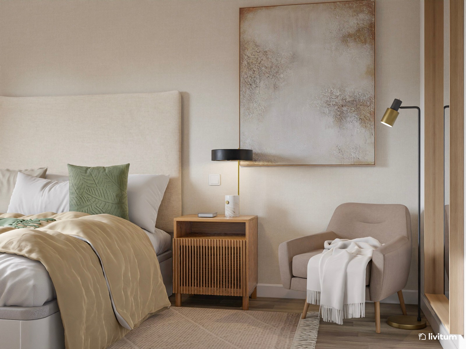 Dormitorio moderno con cabecero alto y elegante rincón de lectura