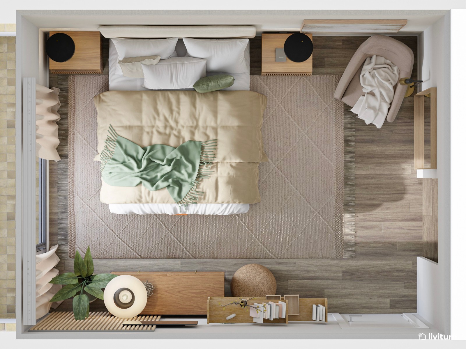 Dormitorio moderno con cabecero alto y elegante rincón de lectura