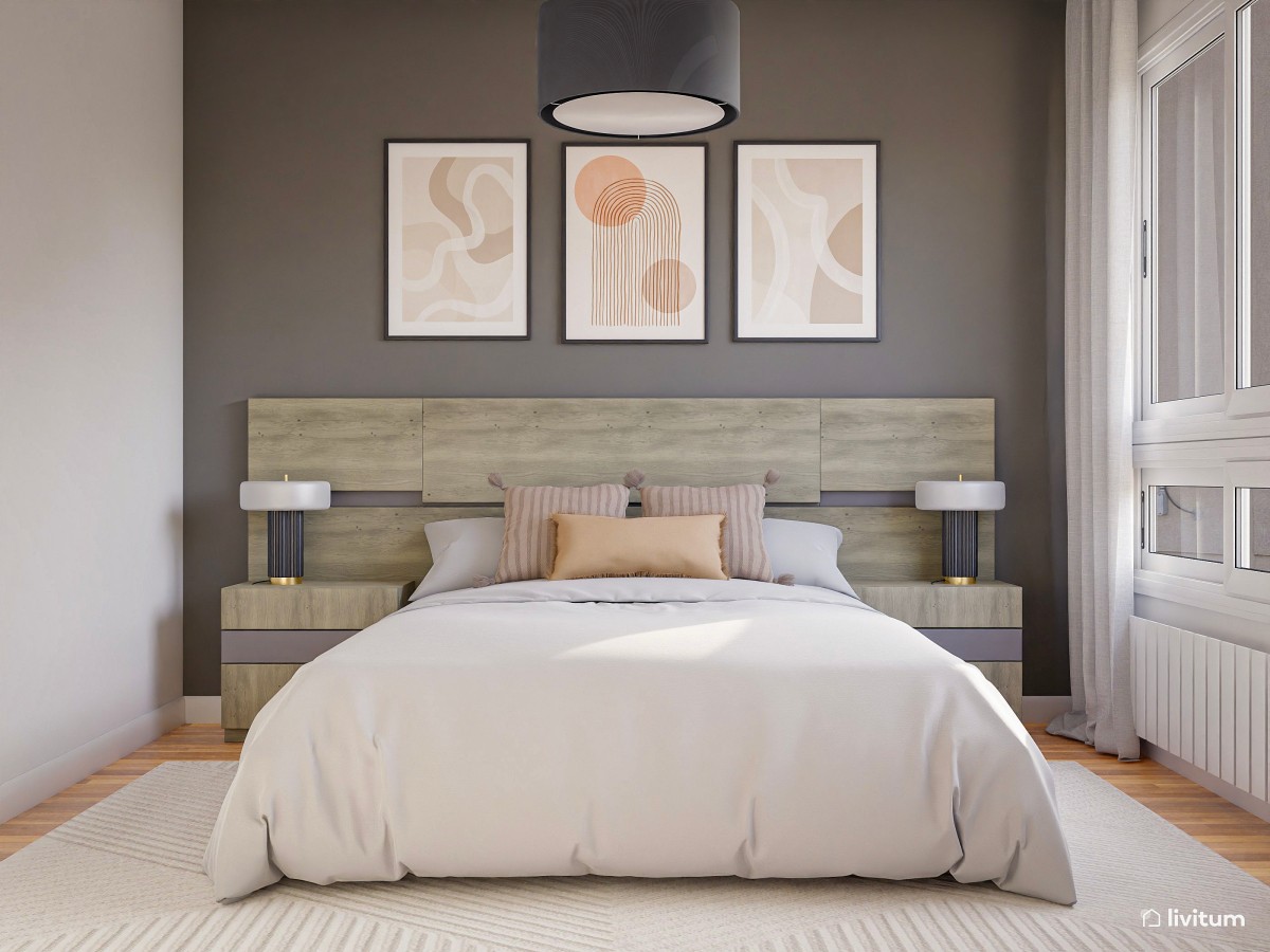 Dormitorio moderno con cabecero de fresno y gris