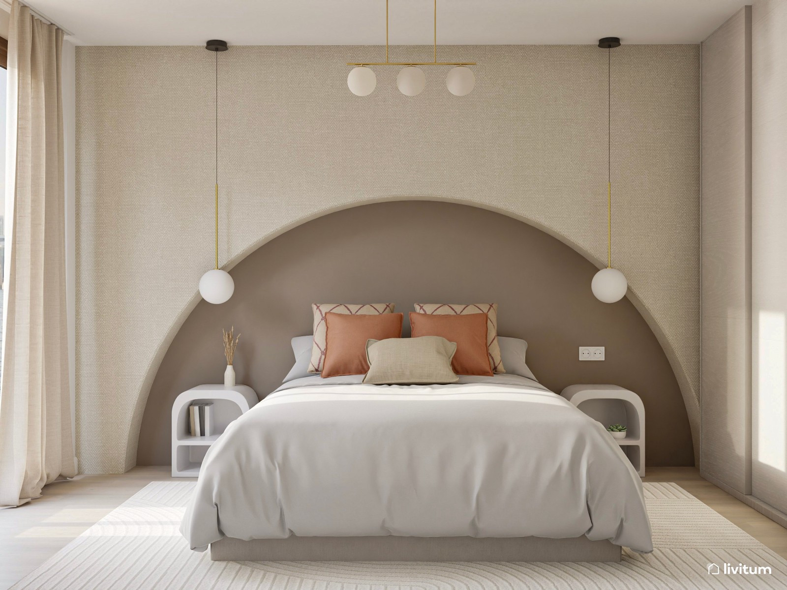 Dormitorio moderno con hornacina de obra como cabecero 
