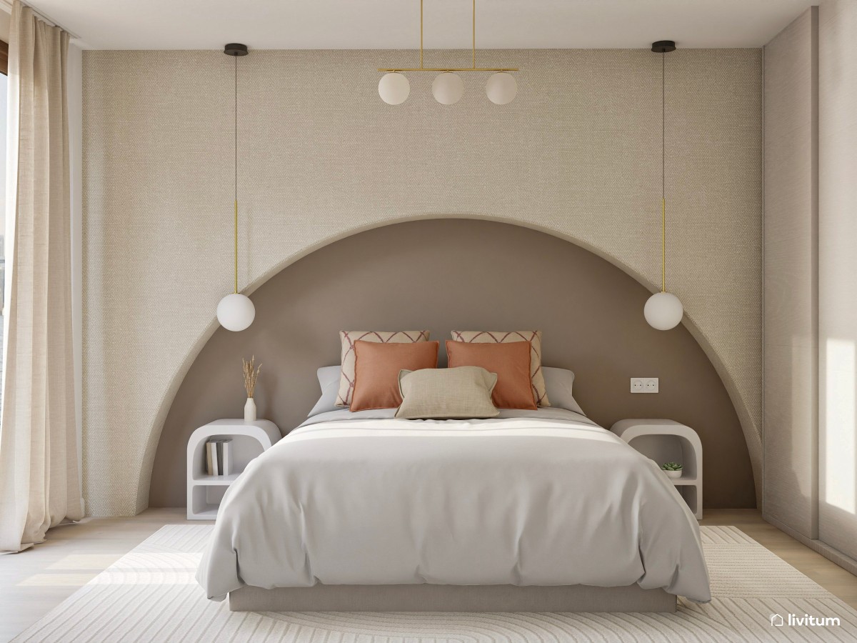 Dormitorio moderno con hornacina de obra como cabecero